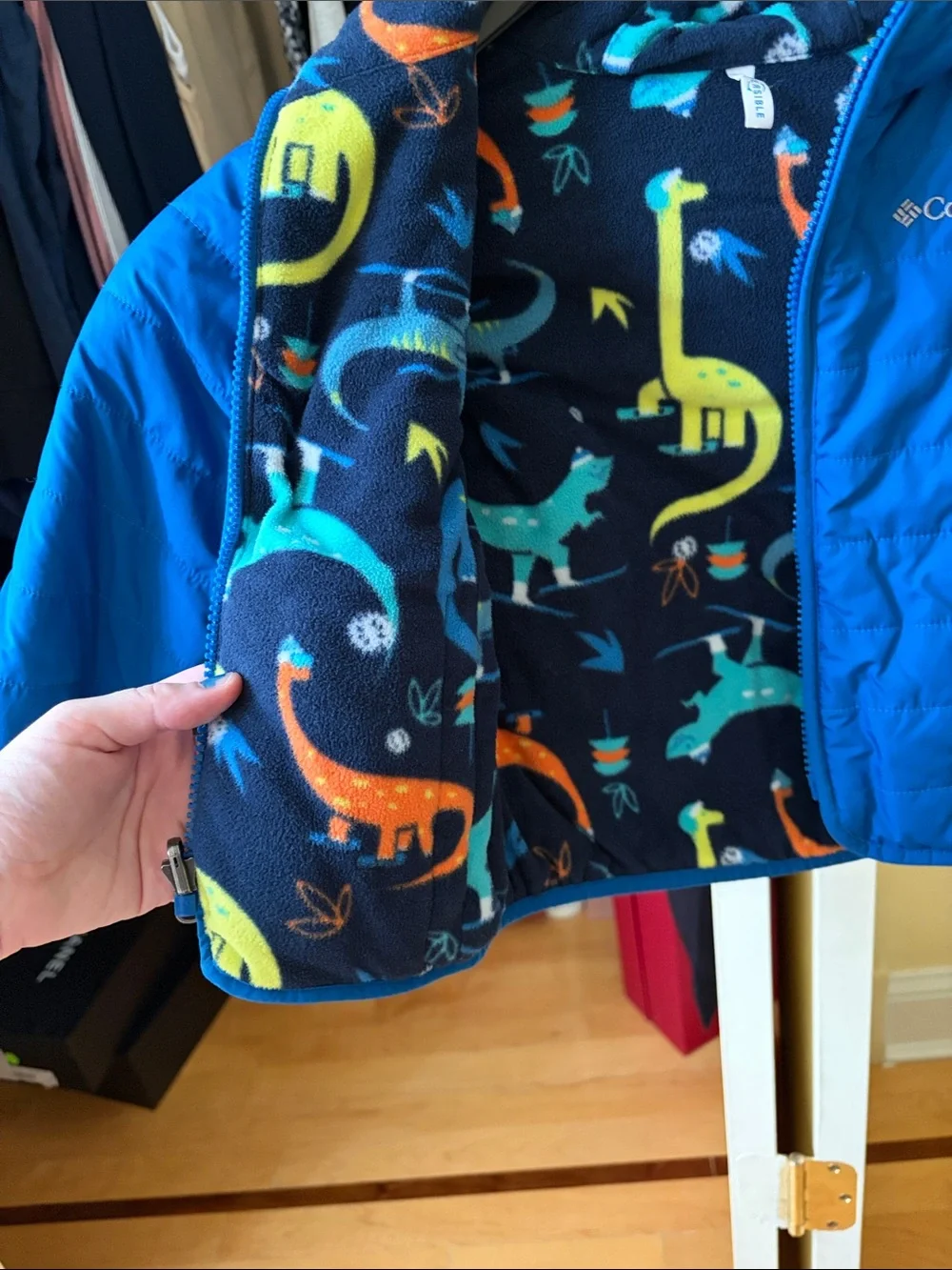 Columbia Bright Blue Kids Hooded Puffer with Printed Lining REVERSIBLE SIZE 3